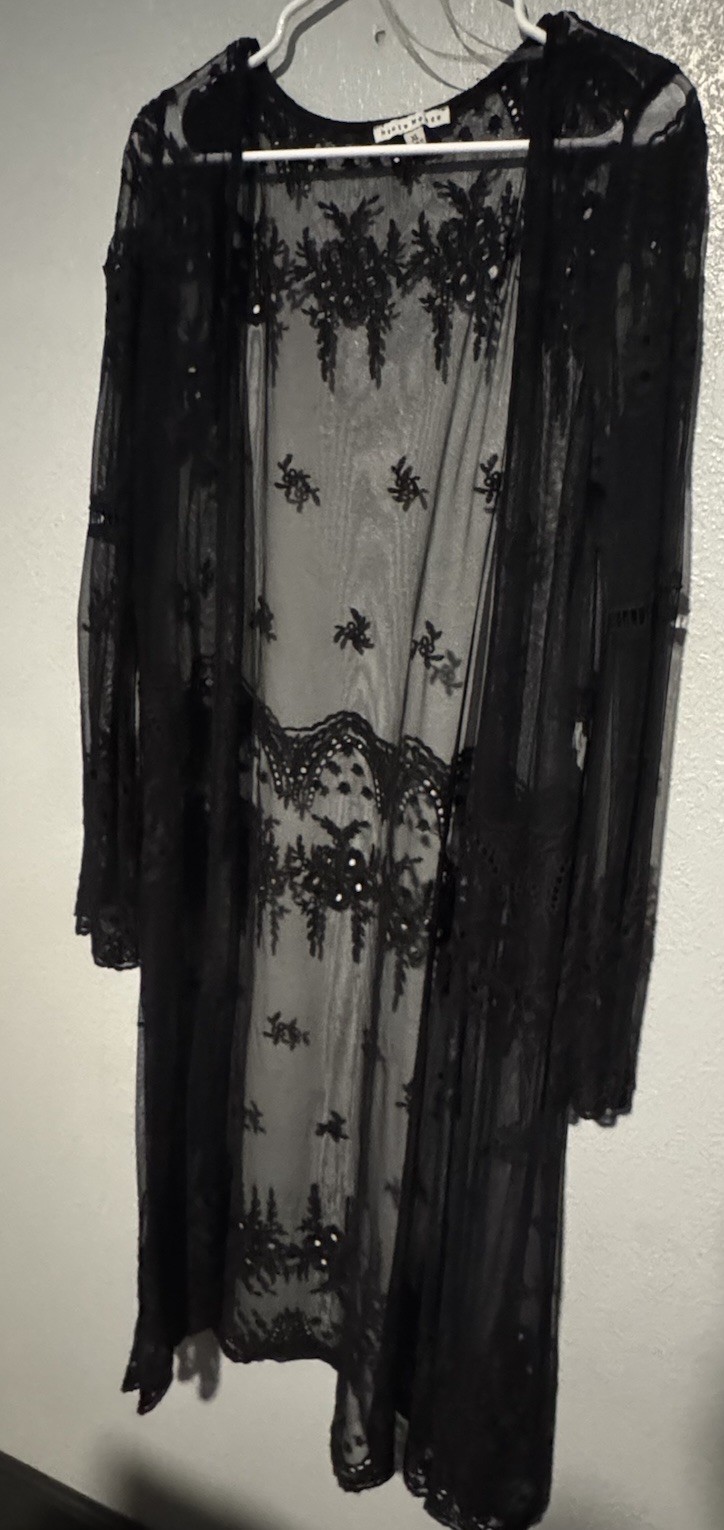 Haute Monde Women’s XL Black Sheer Lace Embroidered Floral Open Kimono Top