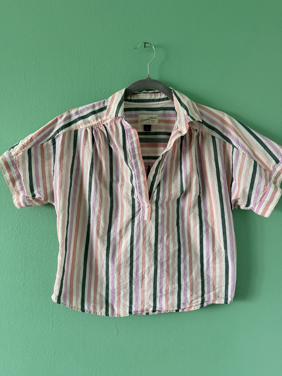 Universal Thread Striped Collared Short Sleeve Pullover Blouse Womens XS