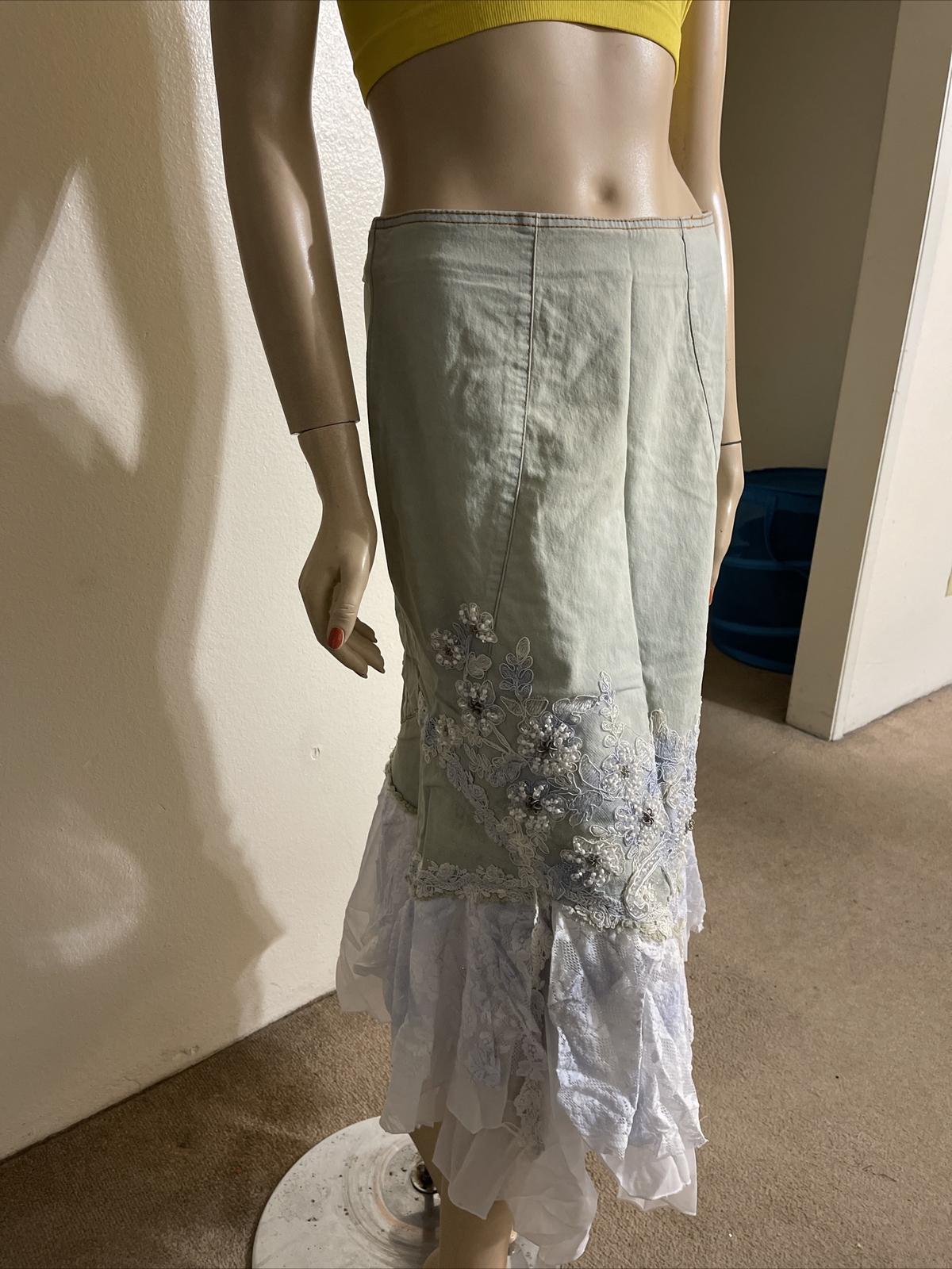 Light Blue White Denim Hippie Boho Beaded Embroidery Lace Size S(4-6) Skirt 710
