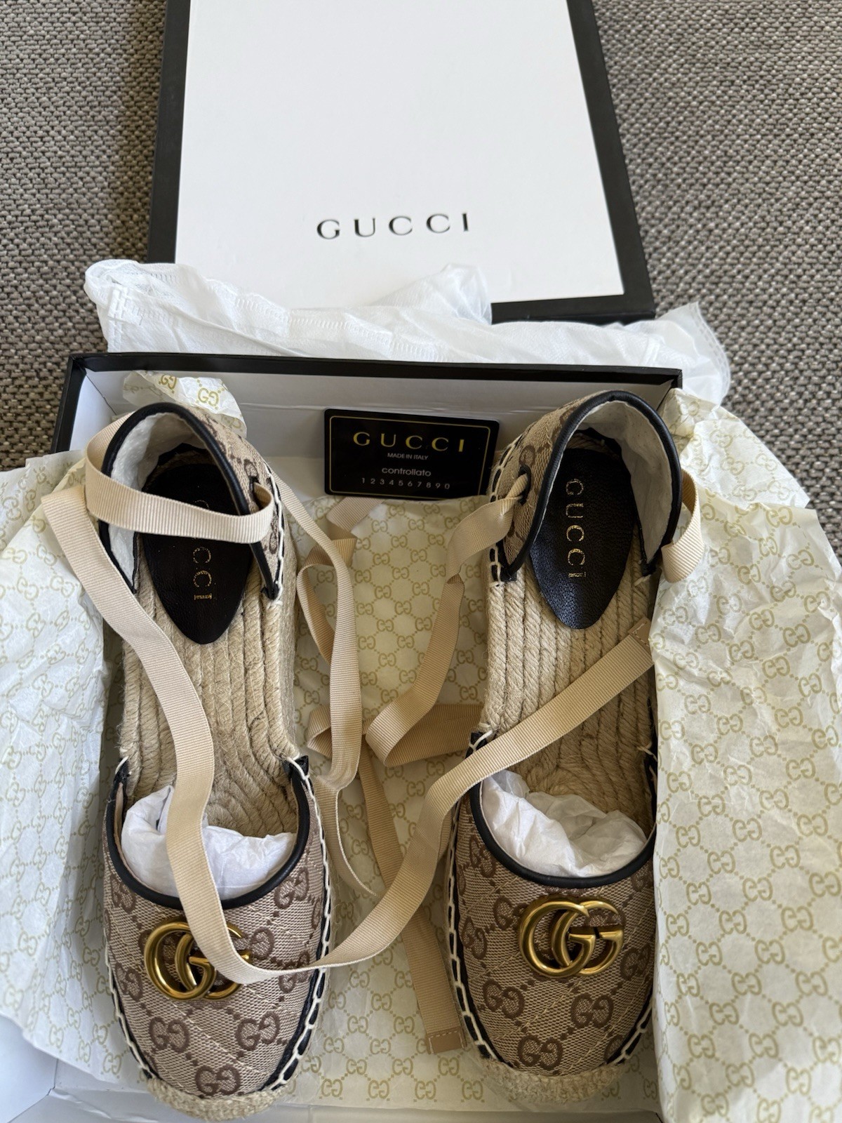 Gucci GG Marmont Canvas Ankle-Tie Platform Espadrille Wedges Size 39 / US 8.5
