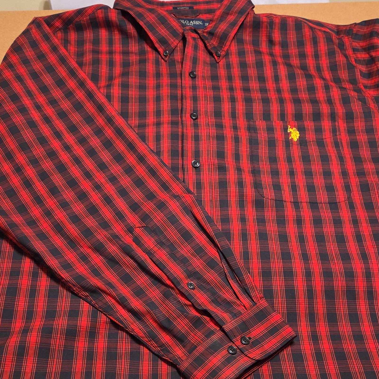 U.S. Polo Assn. Mens Red Black Plaid Stretch Long Sleeve Button-Down 3XL 48