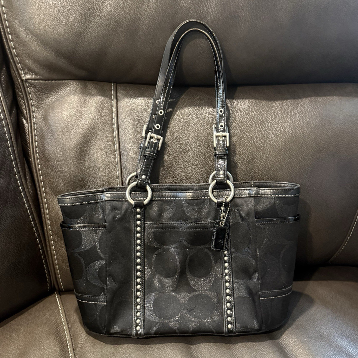 Authentic Coach Black Signature Tote Purse Jacquard Studded Shoulder Bag
