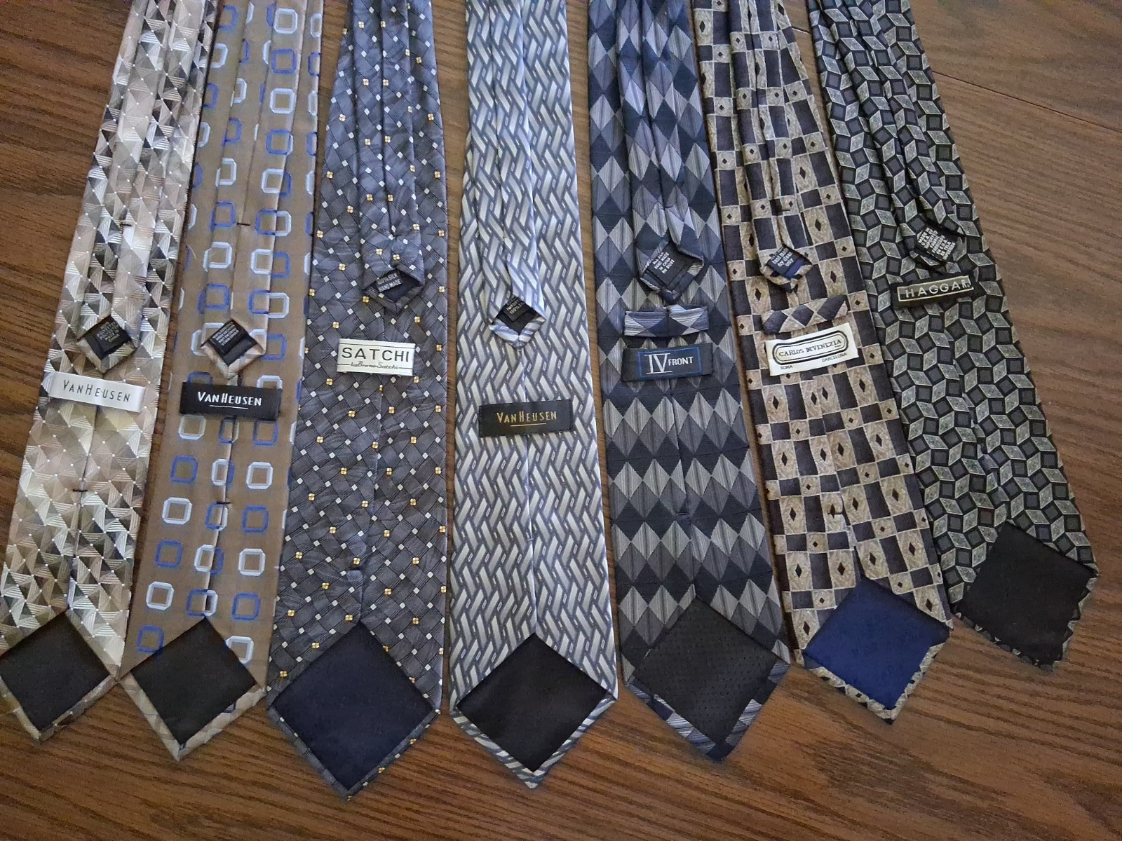 Lot of 7 Taupe Gray Black Neckties Name Brands Assorted Sizes Patterns Fabric