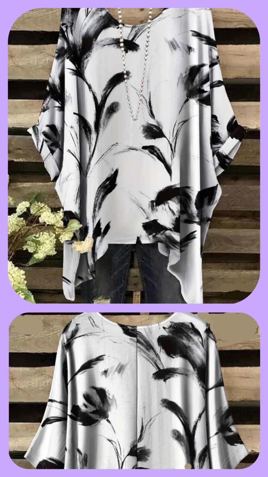 Tunic Shirt Plus Size Fashion T Top Feather Print Knit Beige Black Uneven Hem