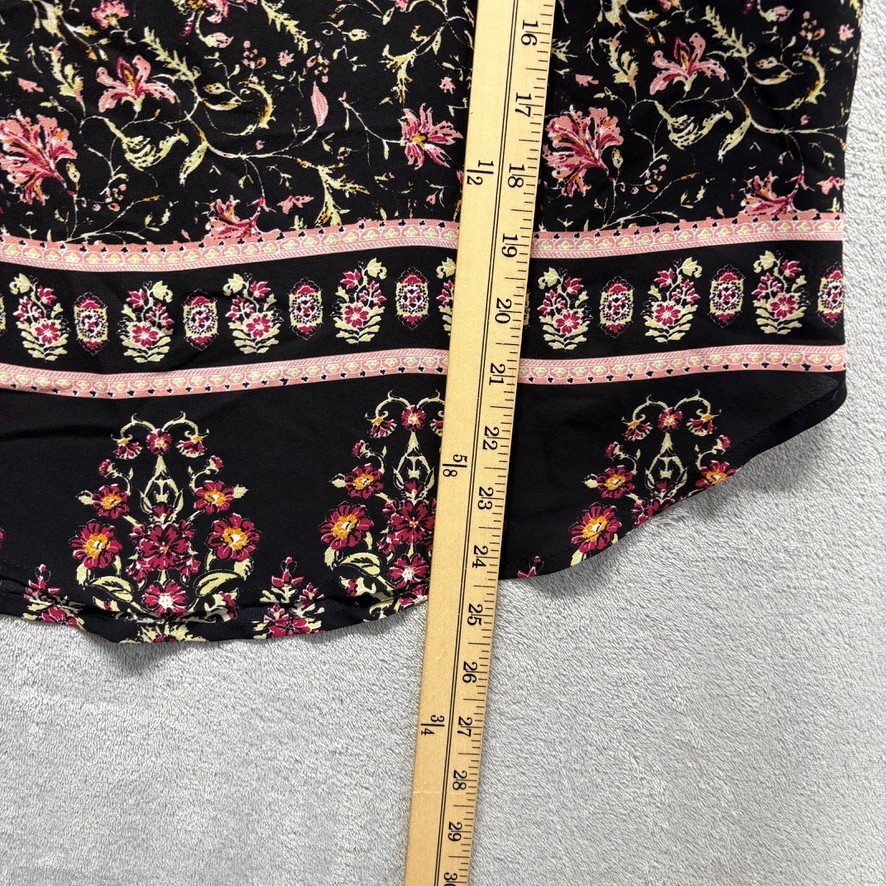 Pink Rose Top Womens Medium Black Floral Cap Sleeve Pullover Bohemian