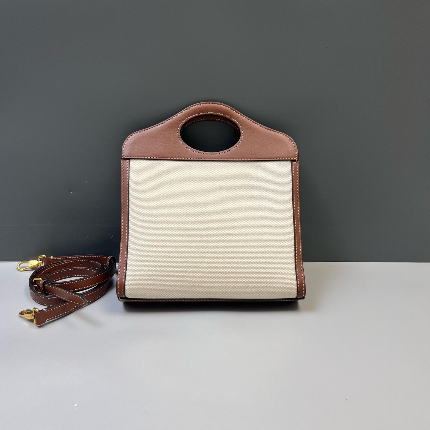 Authentic Burberry Pocket Canvas and Leather Top Handle Bag Beige and Brown