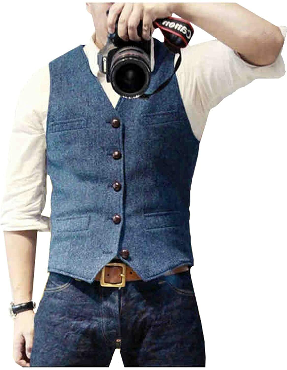 Mens Tweed Vest Retro Herringbone Western Cowboy Groom Formal Dress Waistcoat
