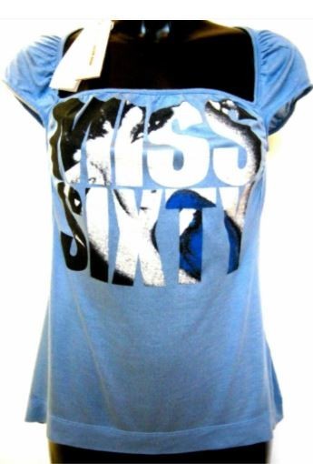 T SHIRT Ladies BLUE Cap Sleeves Square Neck MISS SIXTY Soft Lightweight Top | XS