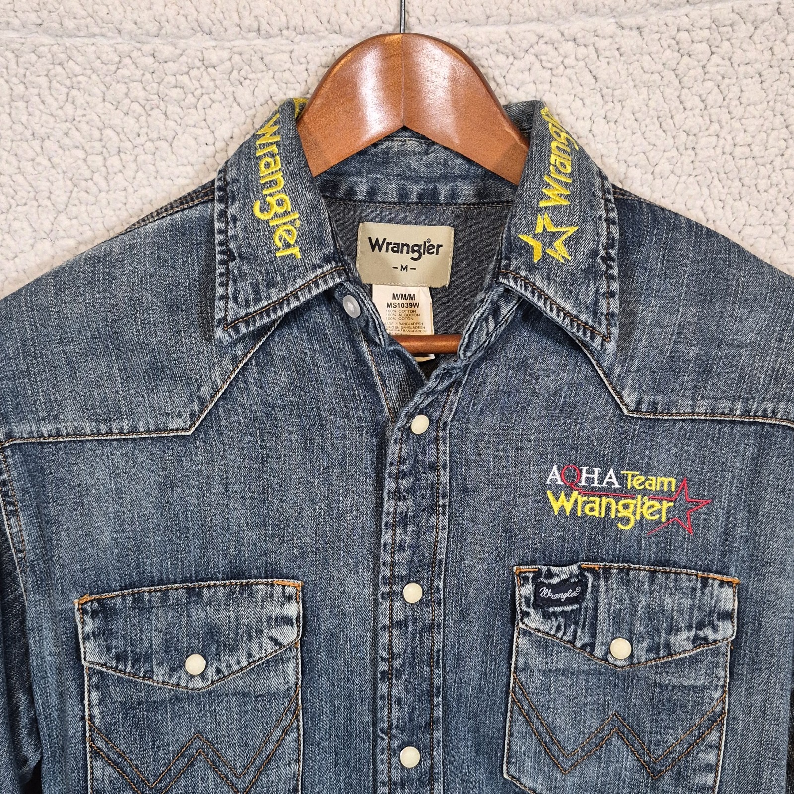 Wrangler Pearl Snap Denim Long Sleeve Shirt Mens Medium American Quarter Horse