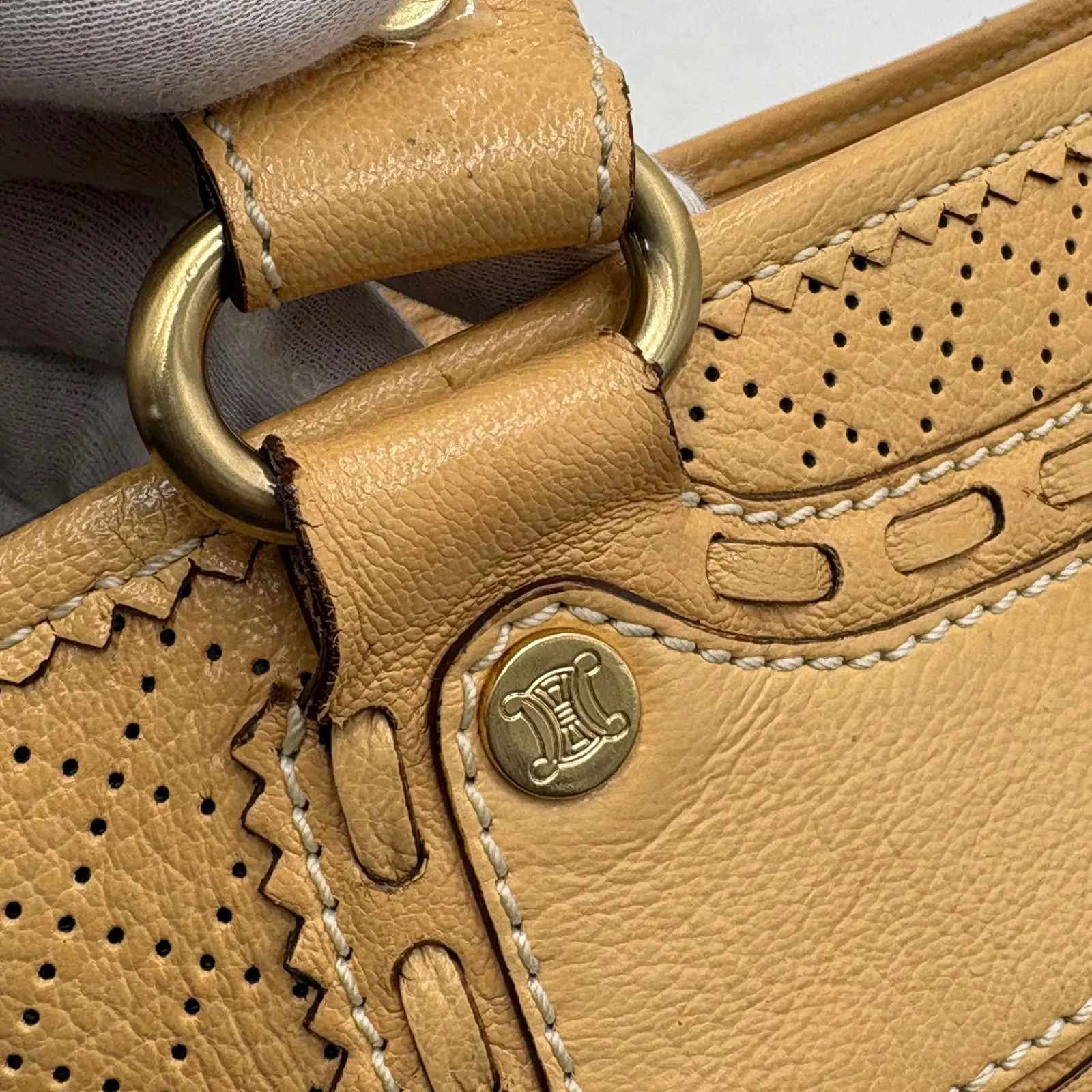 Auth Celine Y2K Perforated Leather Boogie Bag Leather Handbag Beige 2Y8978