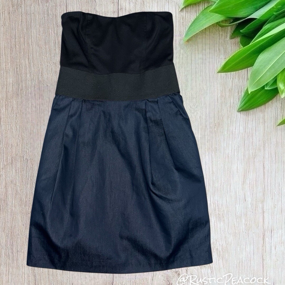 Aqua Mini Dress Womens Small Black Blue Chambray Double Textured Strapless