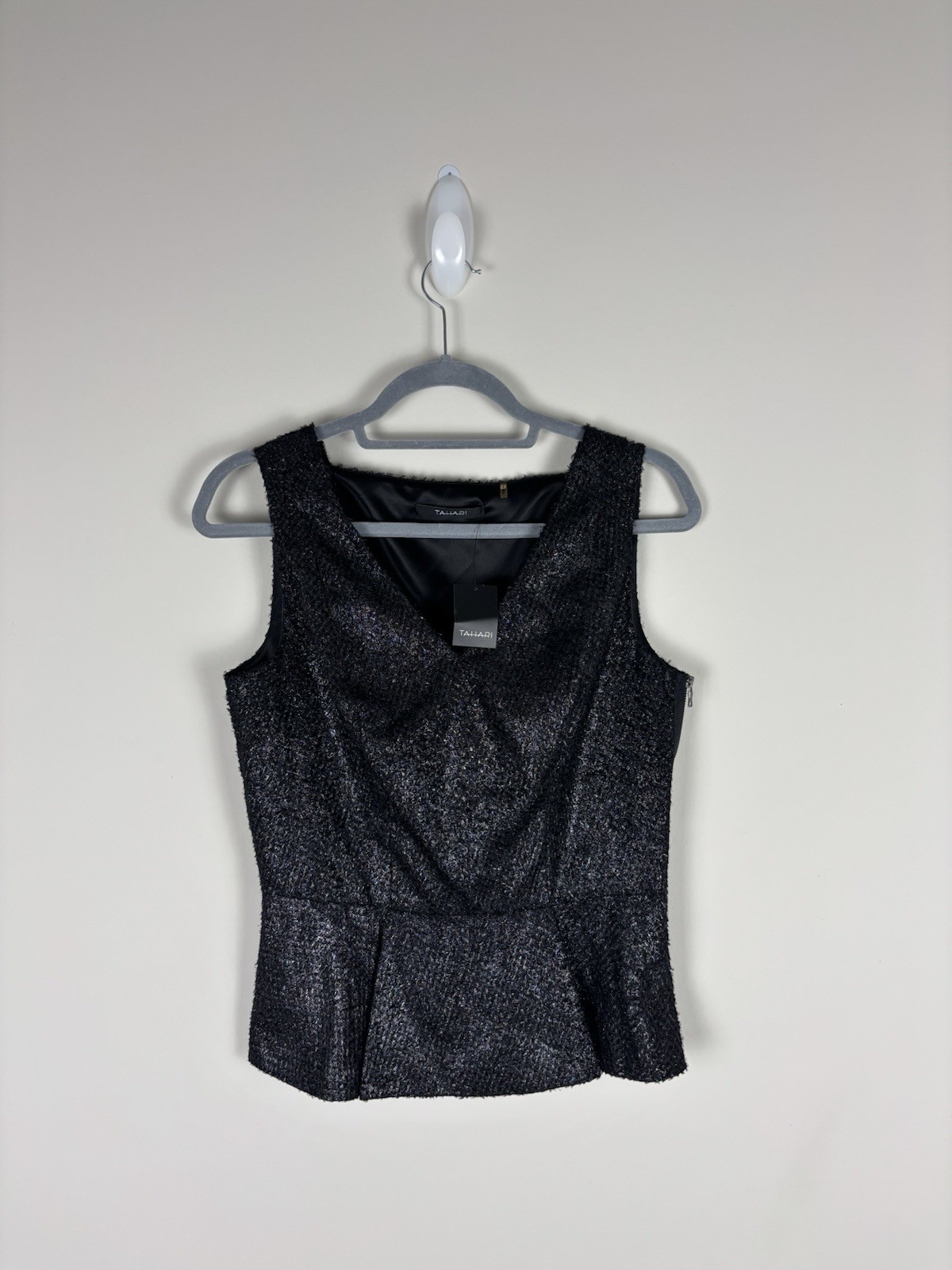 Nwt Tahari Tweed Tectured Peplum Top Size Small Black Metallic Sleeveless
