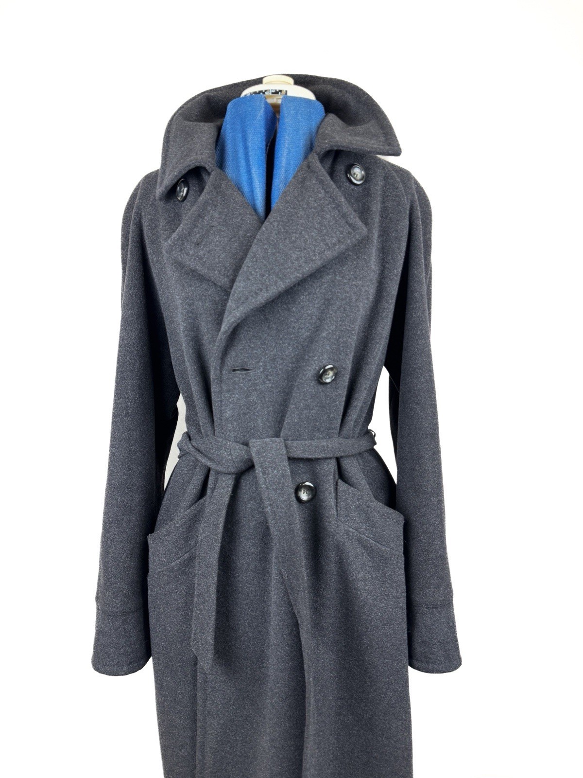 Vintage 90s BHS Virgin Wool Angora Maxi Coat Charcoal Grey Belted Overcoat UK14