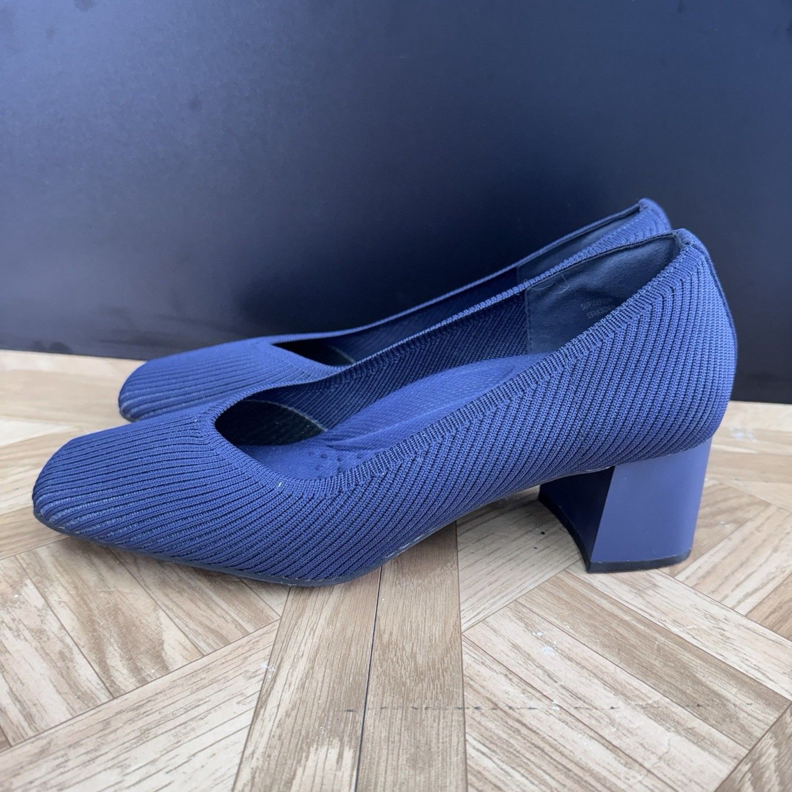 BURUDANI Low Chunky Block Heel Square Toe Knit Blue Pump Shoes Sz 8.5