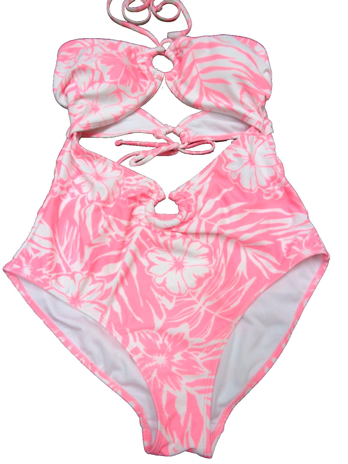 No Boundries Swimsuit 1 Piece Monokini Pink/White halter Keyhole Sz Large 11/13