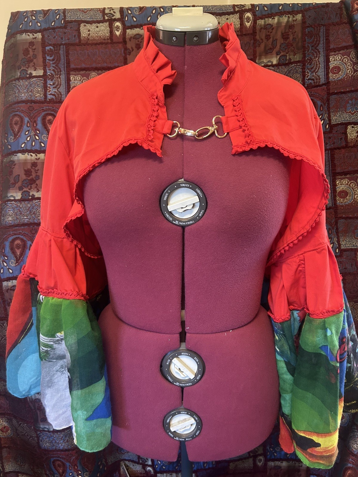 Upcycled handmade red bolero top with flared Desigual scarf sleeves