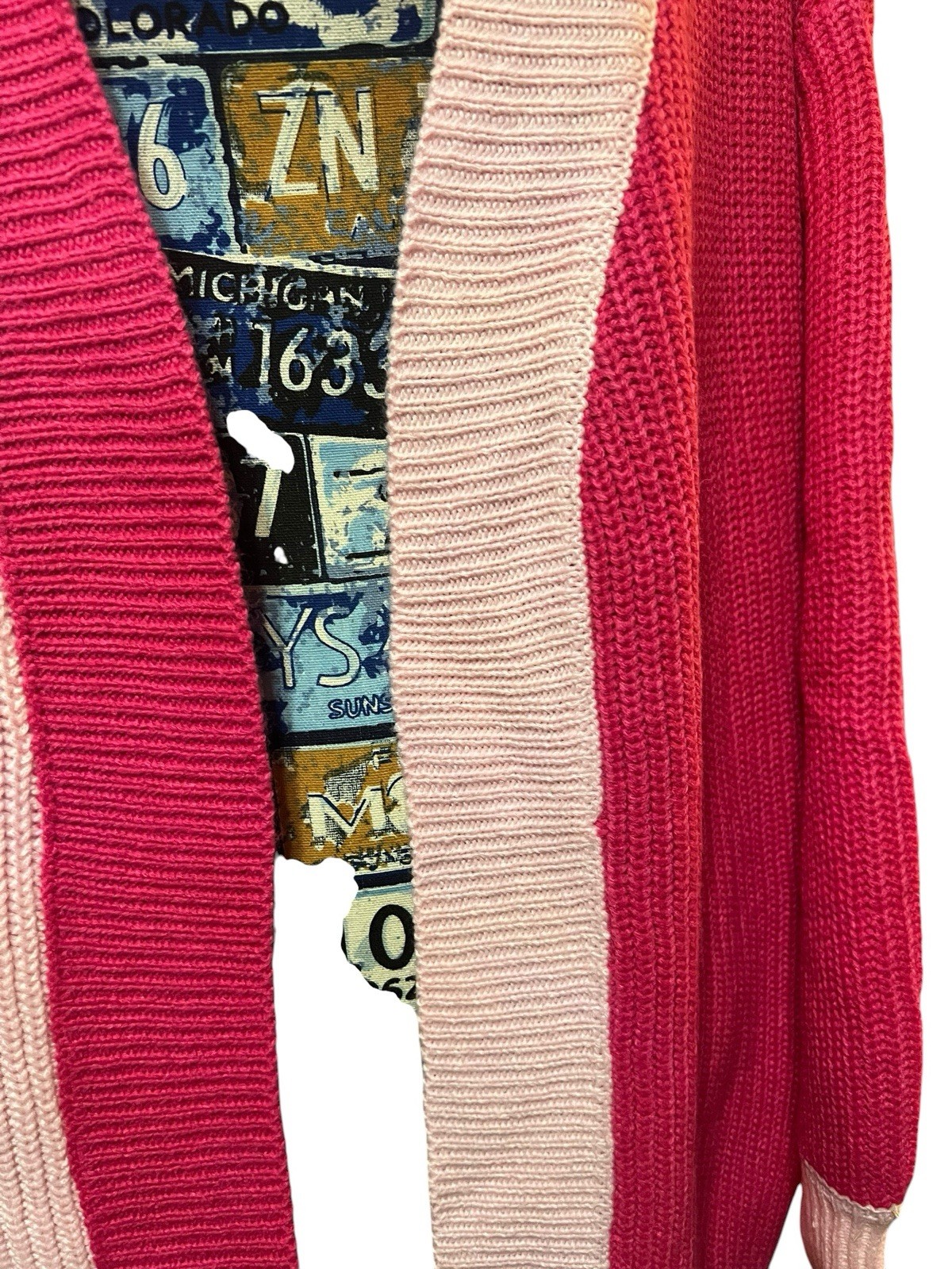 Two Tone Bright Pink Color Block Cardigan Preppy Glam Girlie Librarian Sz L