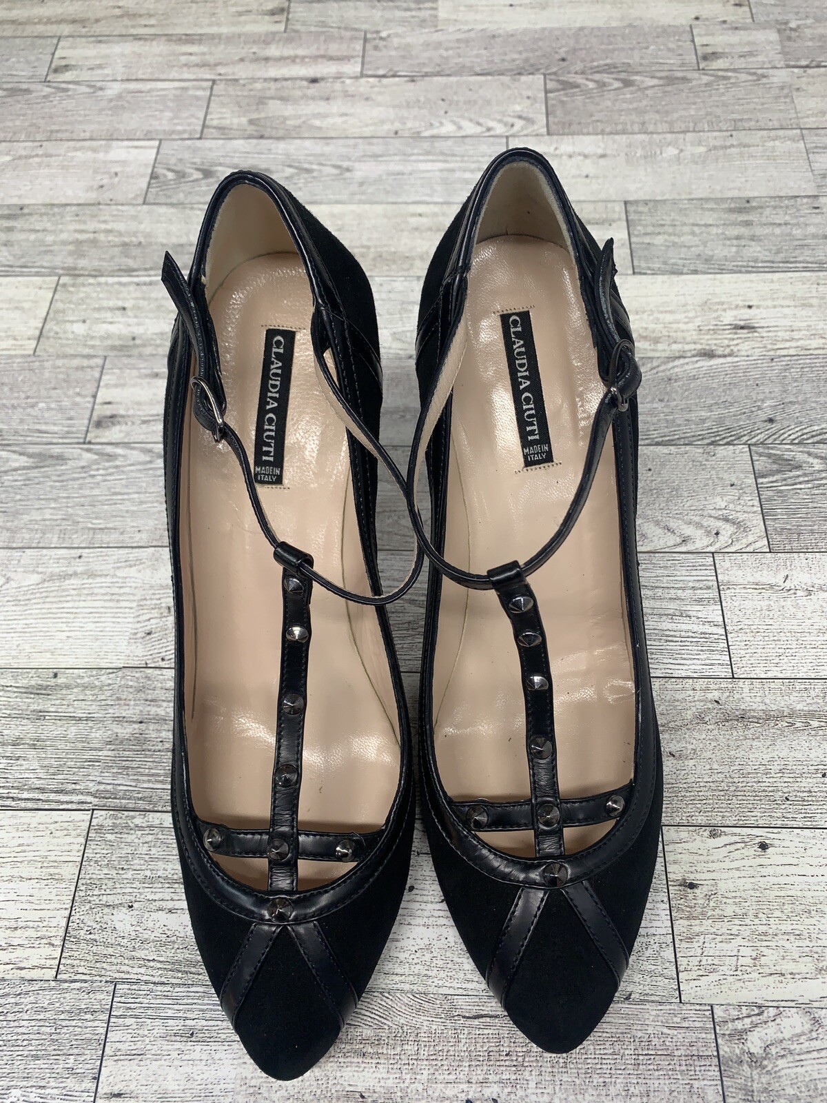 CLAUDIA CIUTI STUDDED 4” HEELS Black Leather Suede Women Size 9.5M