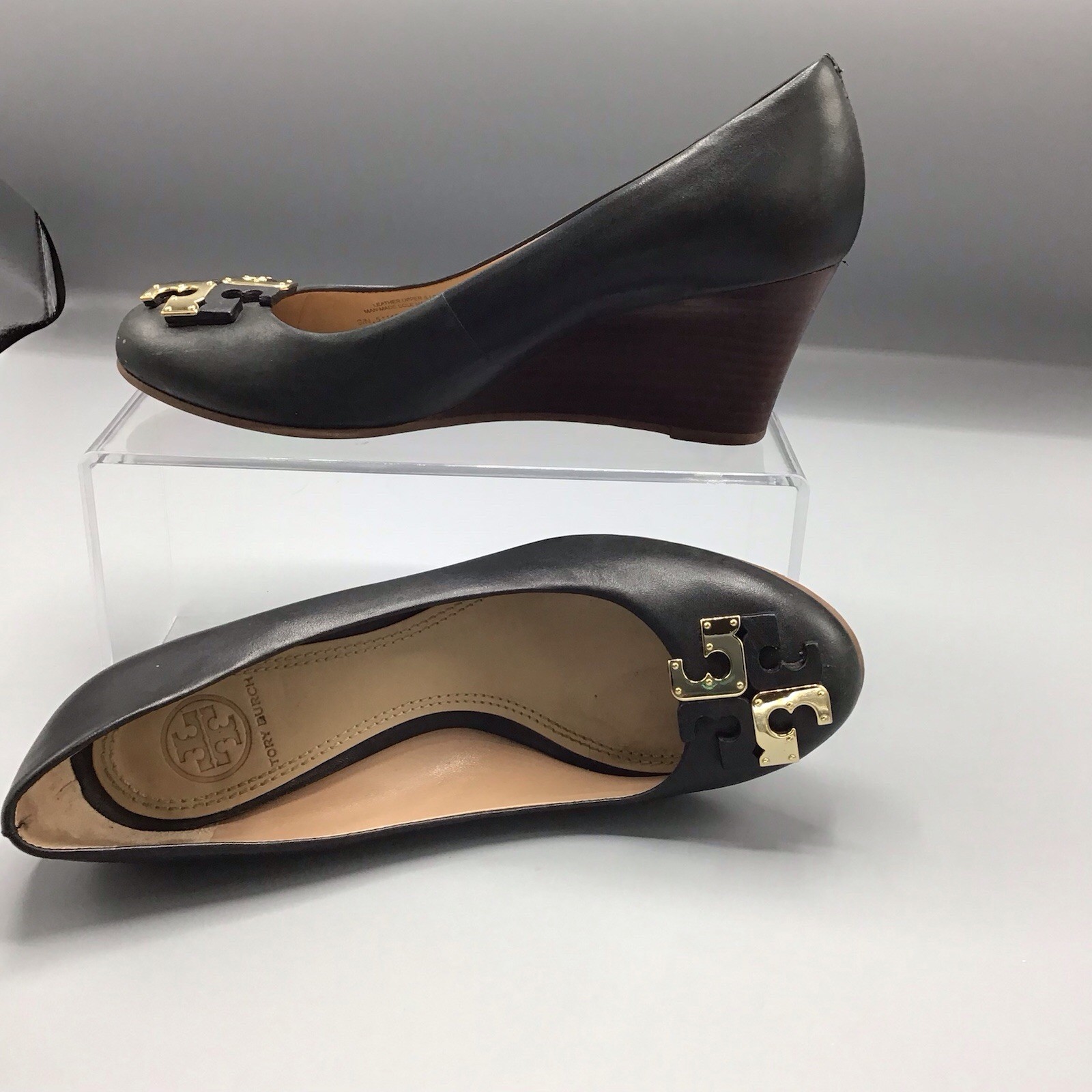 Tory Burch Black Leather Pump Wedge Heel Size Womens 6.5