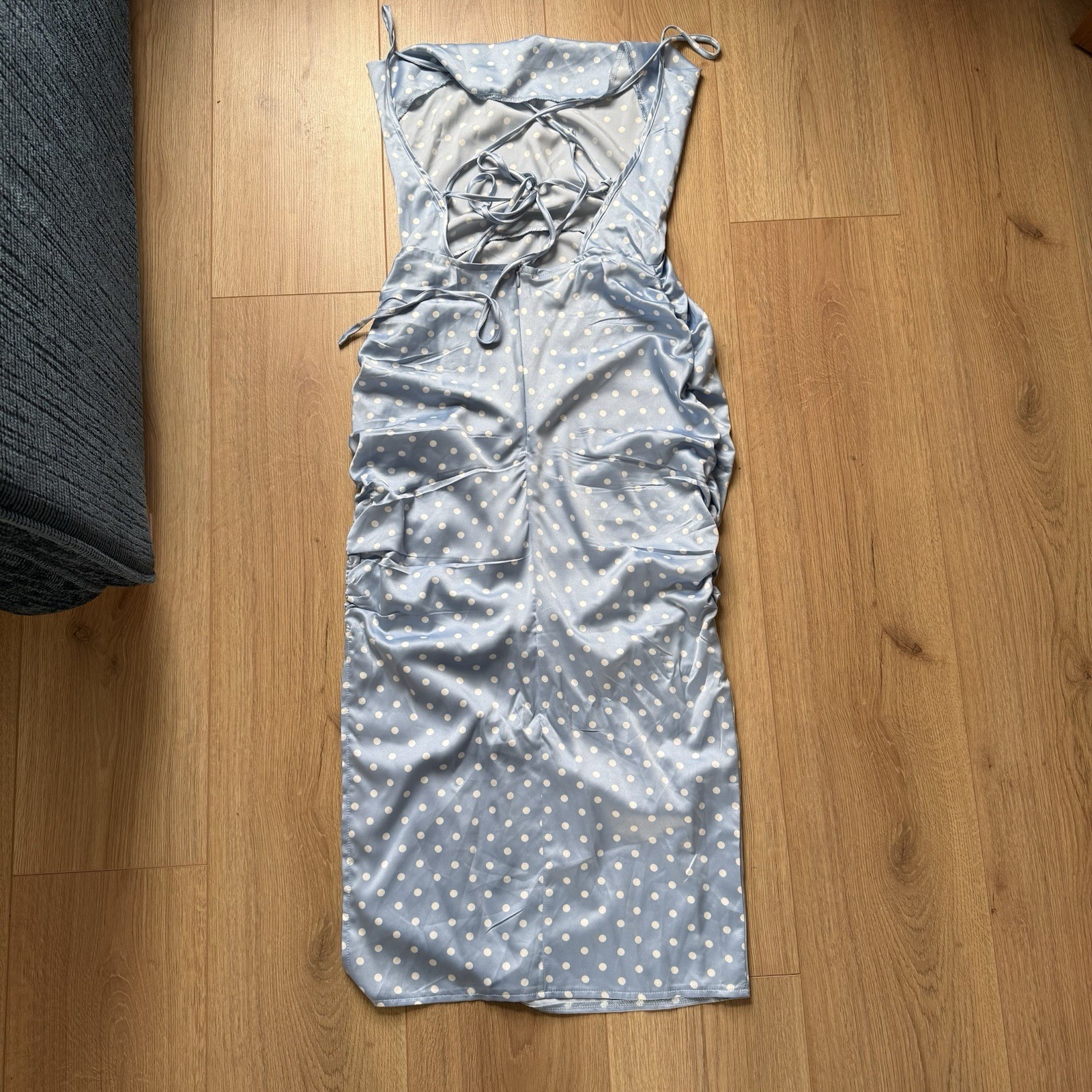 In The Style Blue Polka Dot Satin Dress UK 6 BNWT Strappy Ruffle Cowl Neck