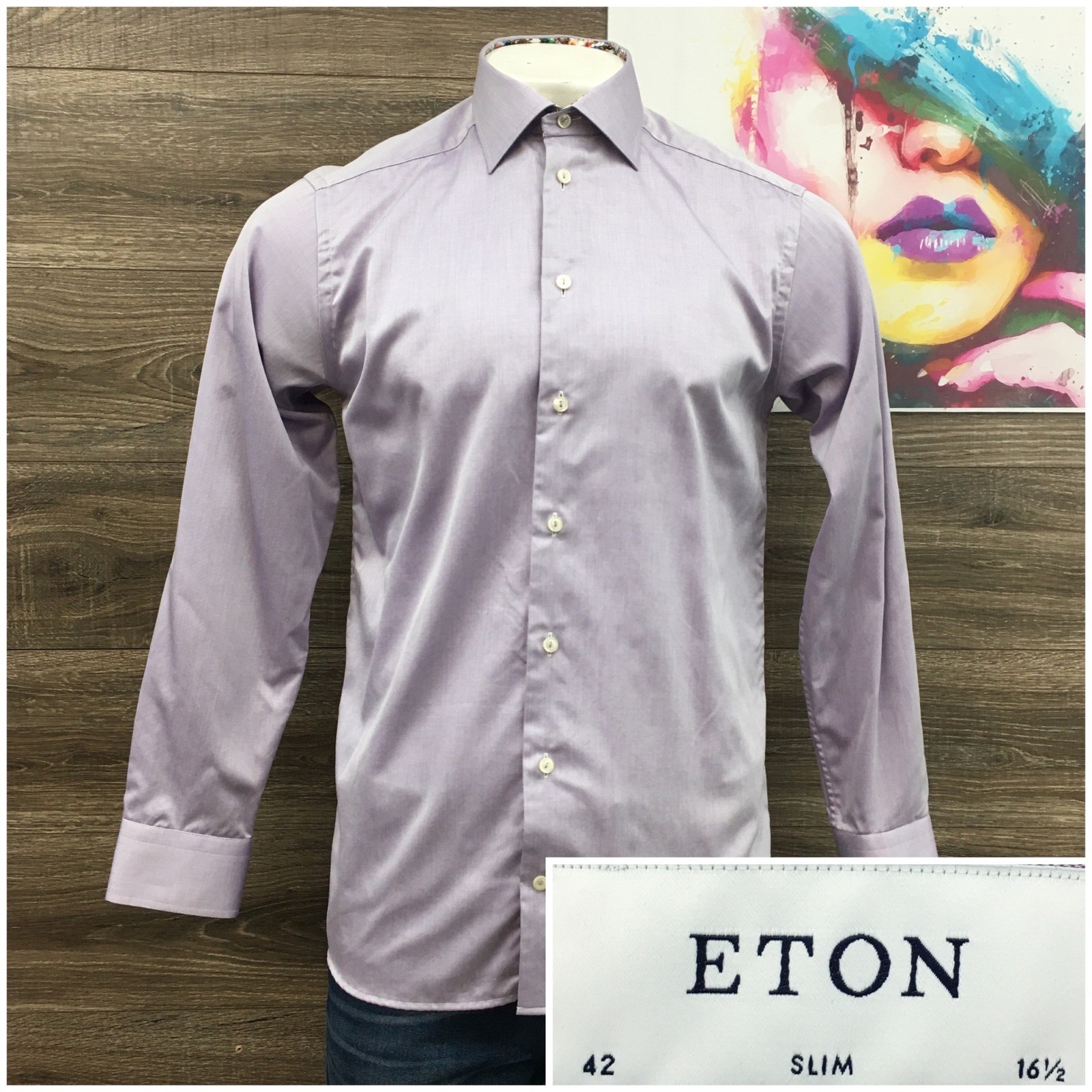 Eton Slim Fit Cambridge Cotton Dress Shirt Purple Lavender Floral Trim Mens 16.5
