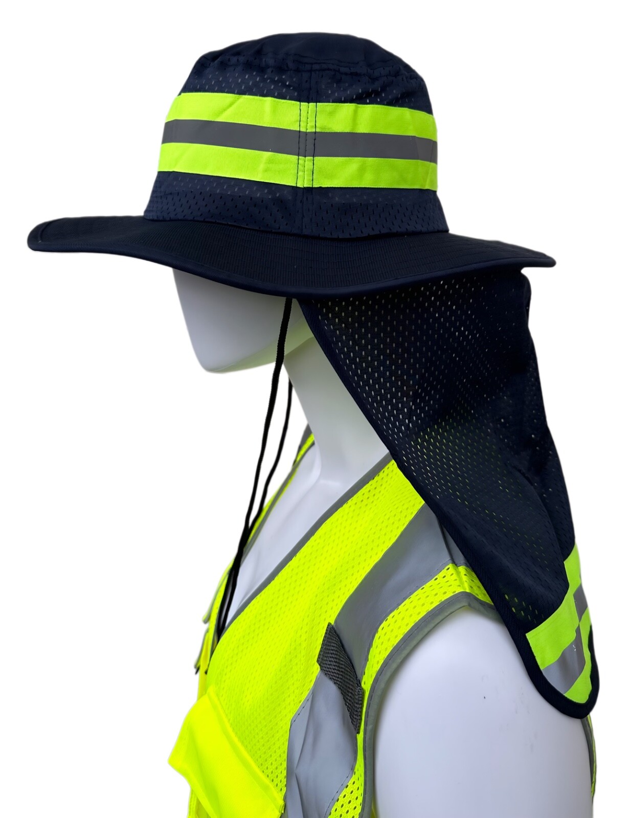 Hi Vis Reflective Work Safety Neck Flap Boonie Hat Navy Bucket Cap