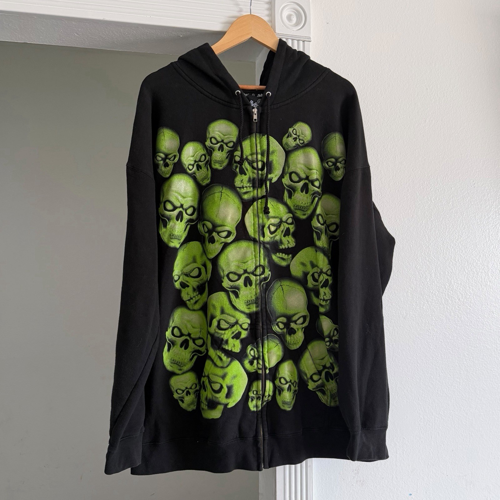 VINTAGE Y2K HYBRID TEES GREEN SKULL ZIP-UP HOODIE RARE GRAIL FITS XXL