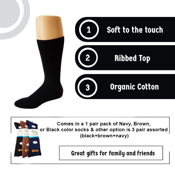 Men’s Organic Ribbed Cotton Crew Socks, Classic Colors with Wide Cuff for Dad