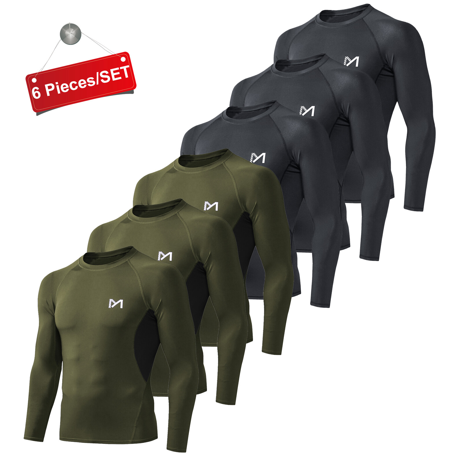 6 Pack/Set Compression Shirts for Men Long Sleeve Athletic Base Layer Undershirt