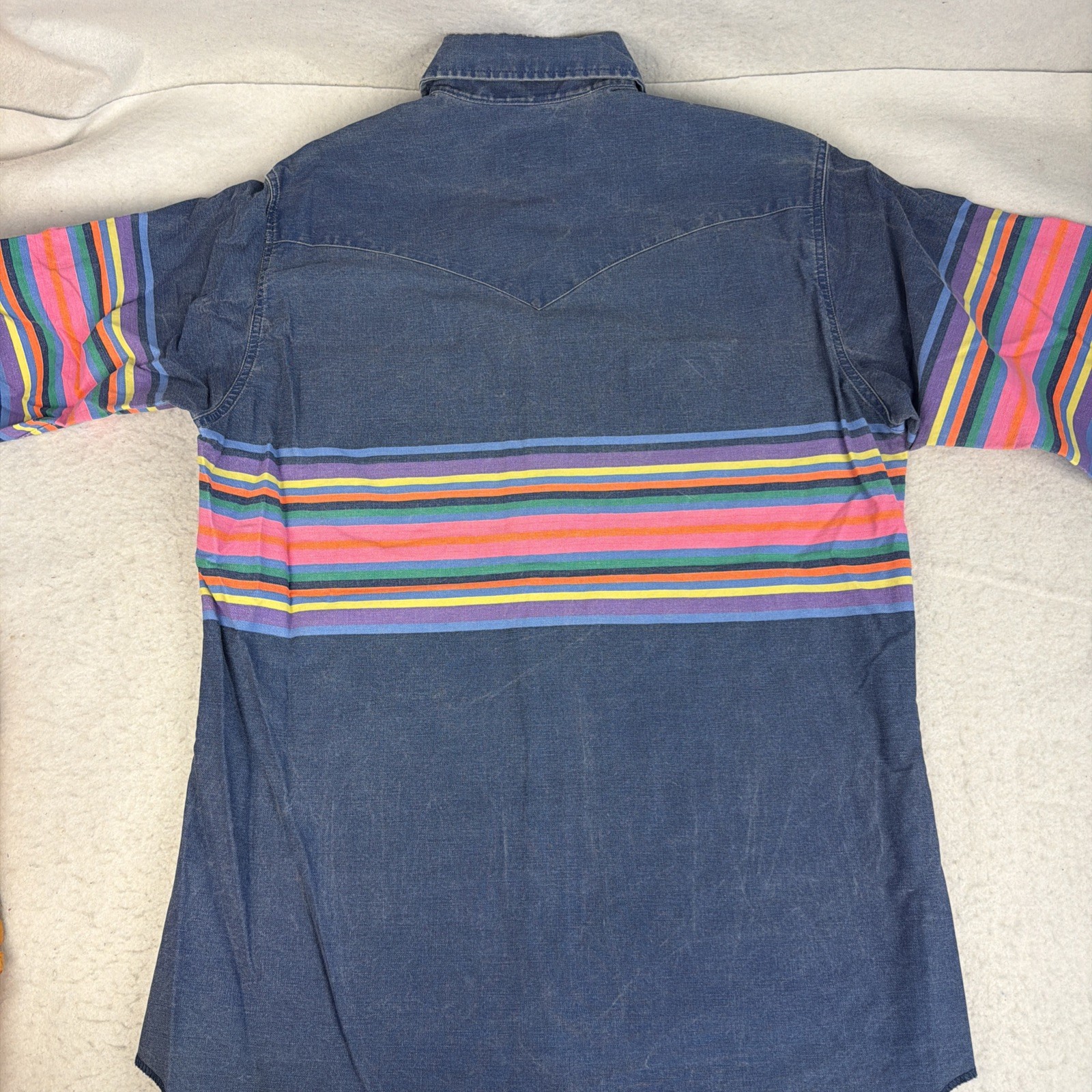 Vintage Wrangler Brushpopper Blue Multicolor Stripes 15.5 X 34 Size L USA Made
