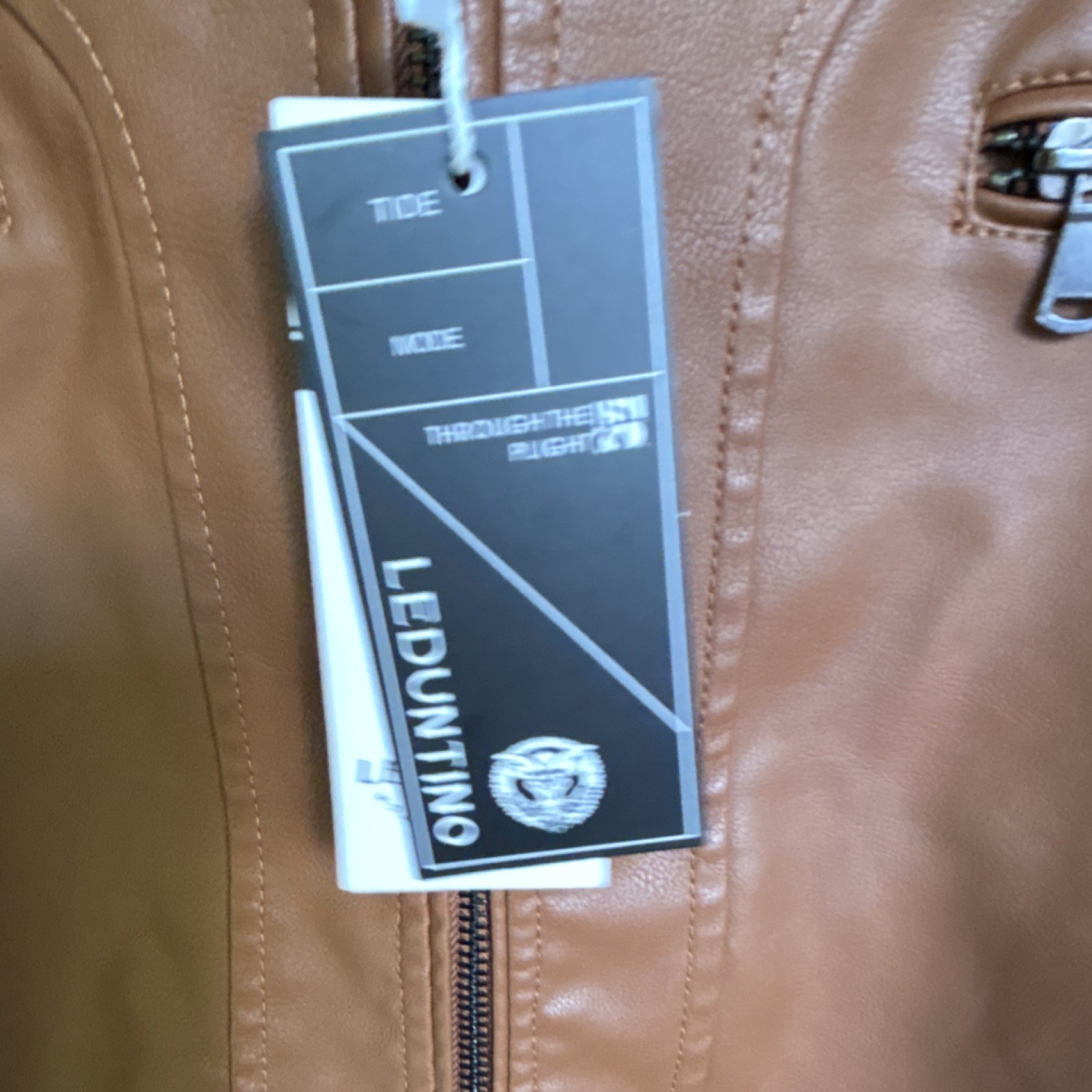 LEDUNTINO Men’s Brown Faux Leather Full Zip Biker Jacket Band Collar Lined M