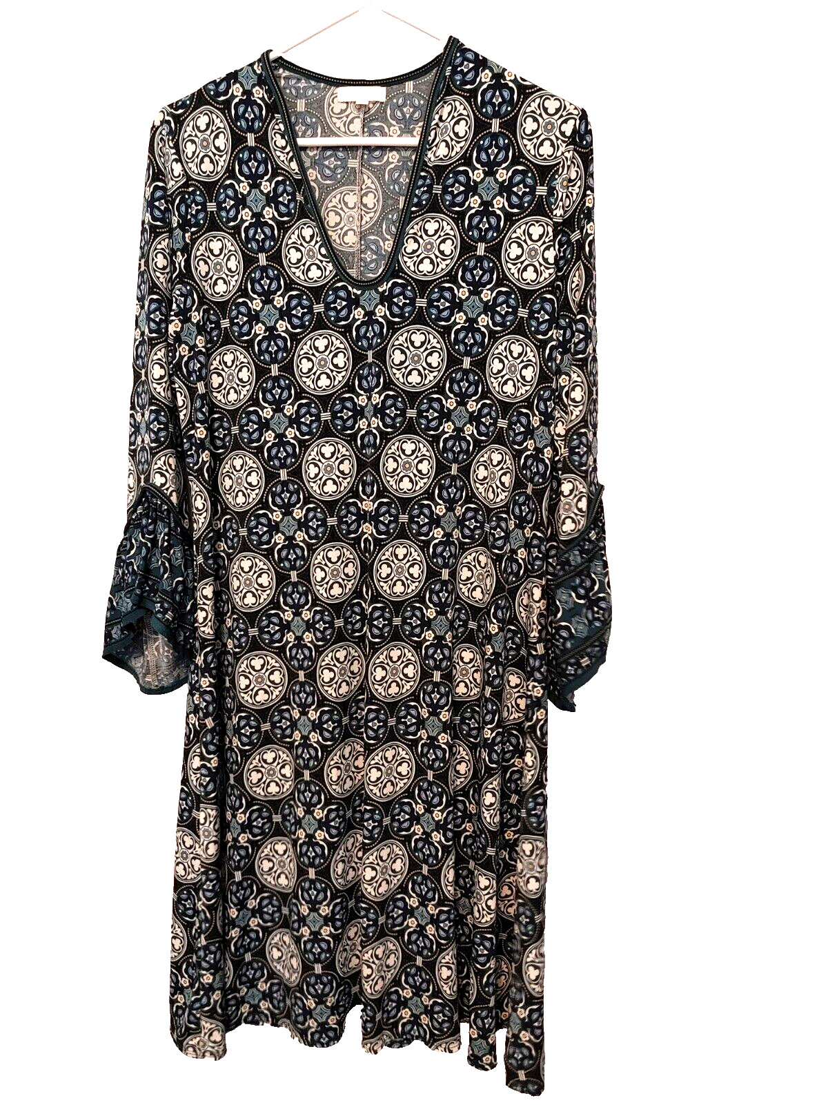 Max Studio Dress U Neckline Long Slv with Flutter Ends Blue Print Size L #16038