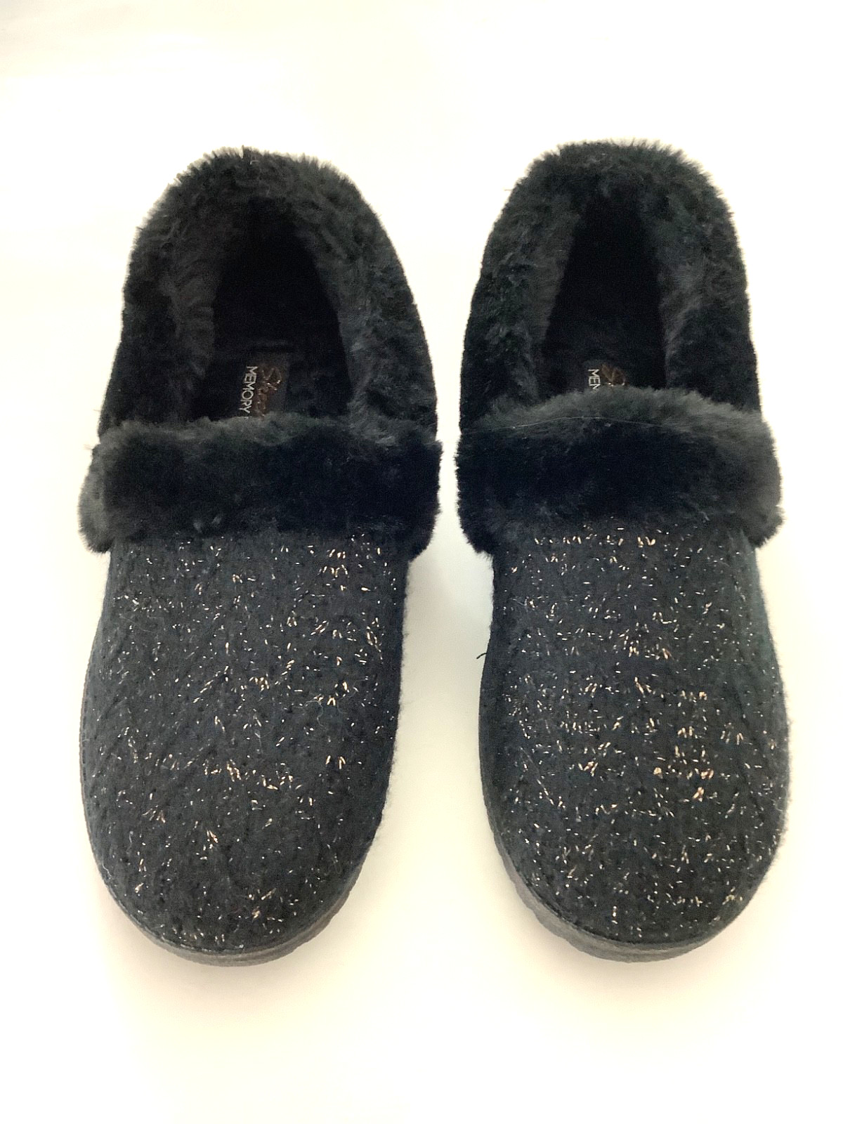 Skechers Black/Gold Spec Cozy Knit Faux Fur Lined Slippers Size 8.5 In/Outdoor