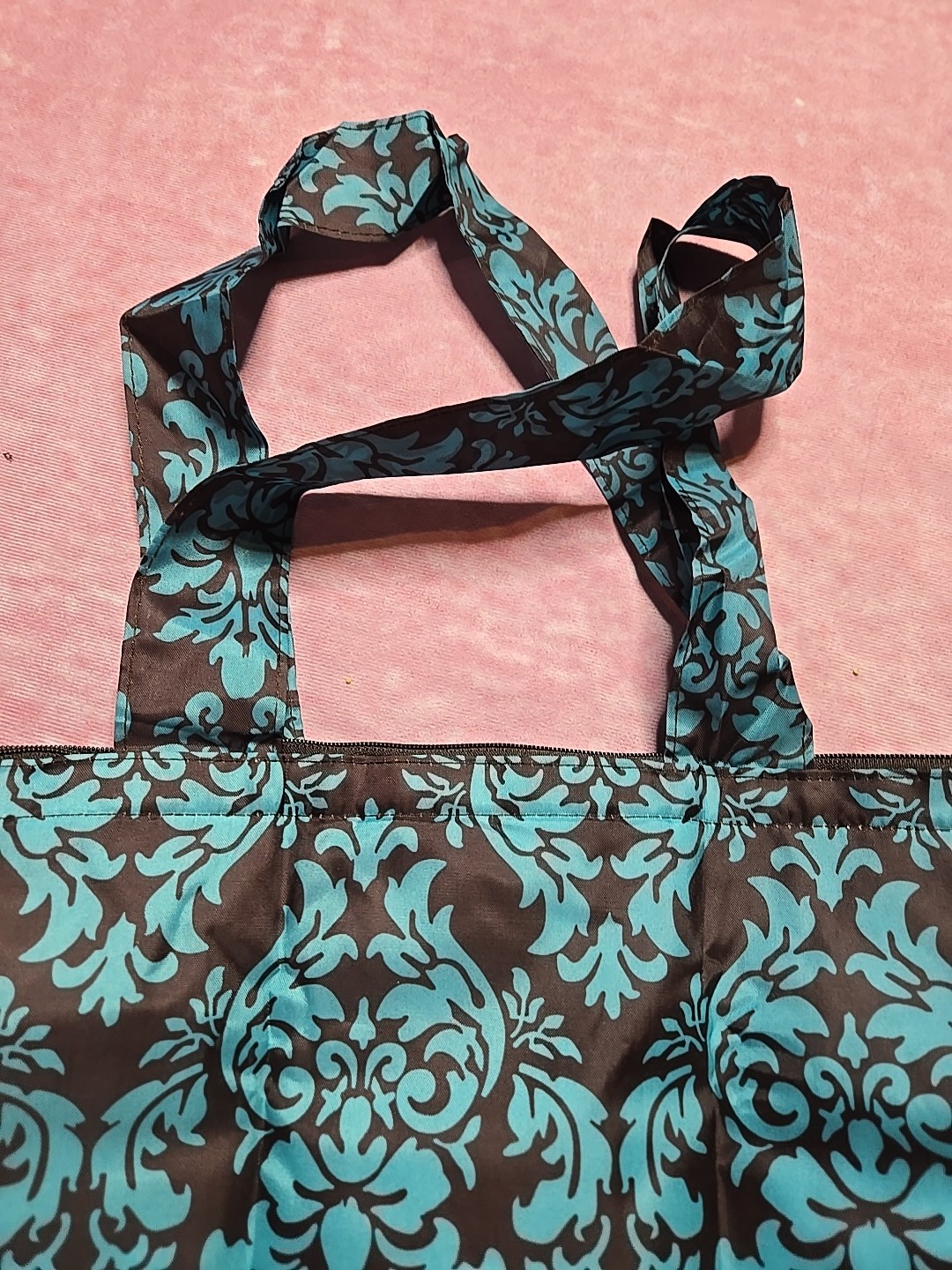 Sachi Damask Blue Brown Foldable Insulated Bag Tote With Carry Bag 15×16″