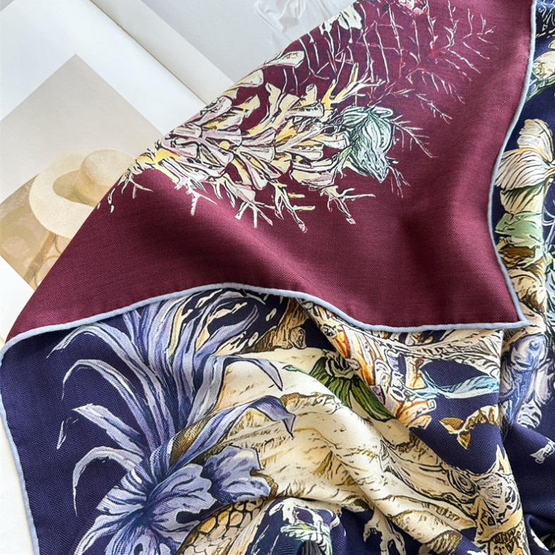 70% cashmere 30% silk Underwater Worldr double sided print square Wrap shawl 53″