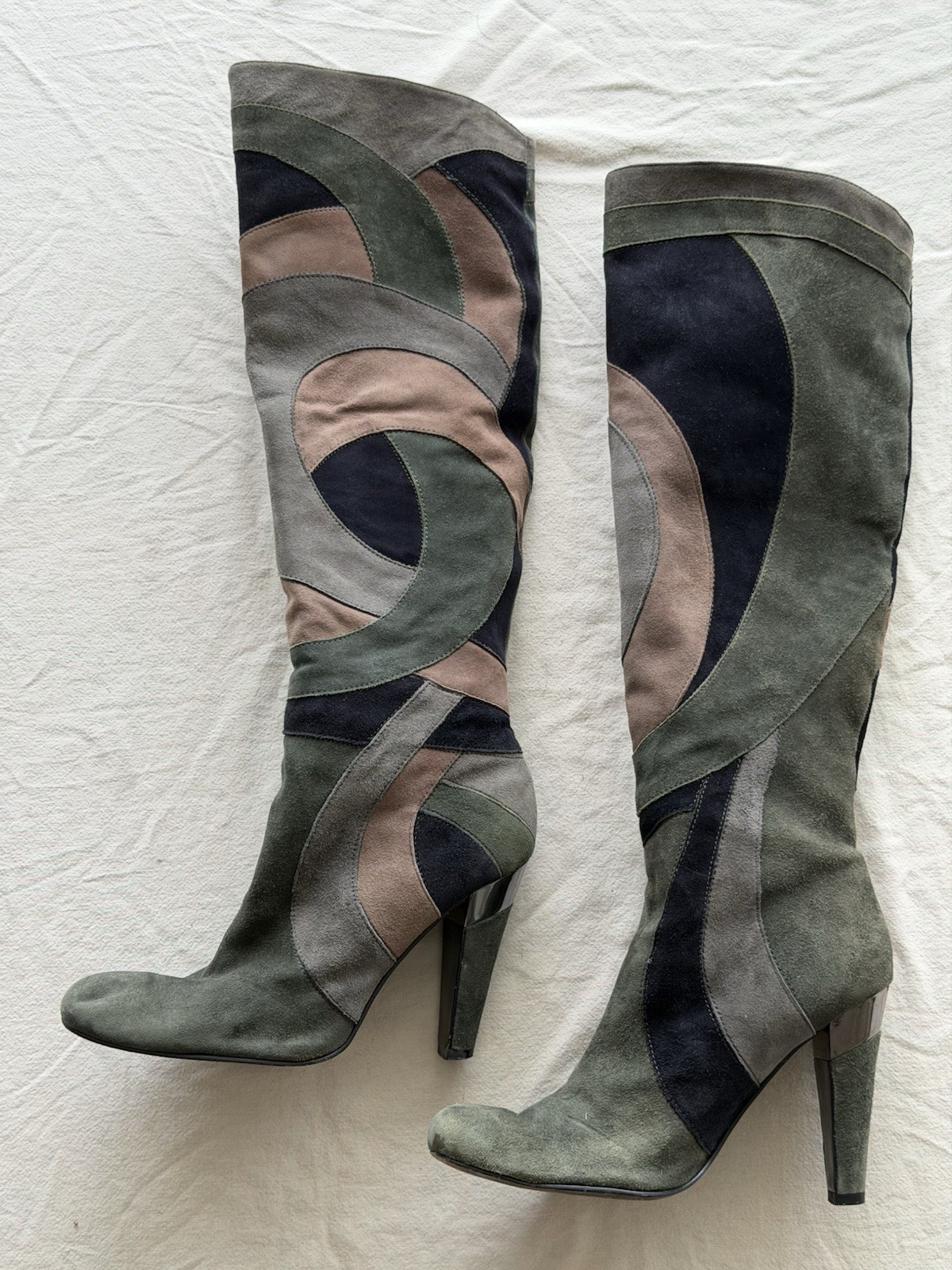 Aldo Women’s Suede Knee High Boots Geometric Pattern Green Black Beige 8