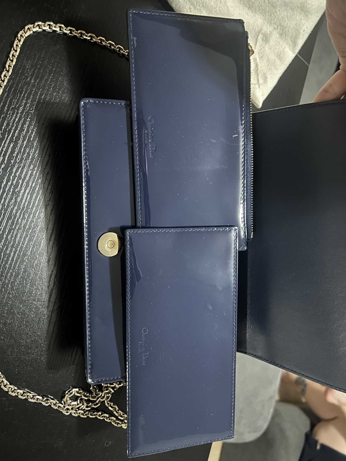 Christian Dior Lady Dior Cannage Patent Leather WOC Chain Bag Navy Blue