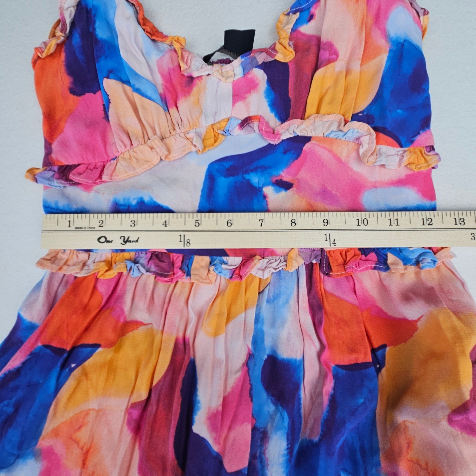 French Connection Abstract Watercolor Tiered Ruffle Mini Dress Multi-Color XXS 2