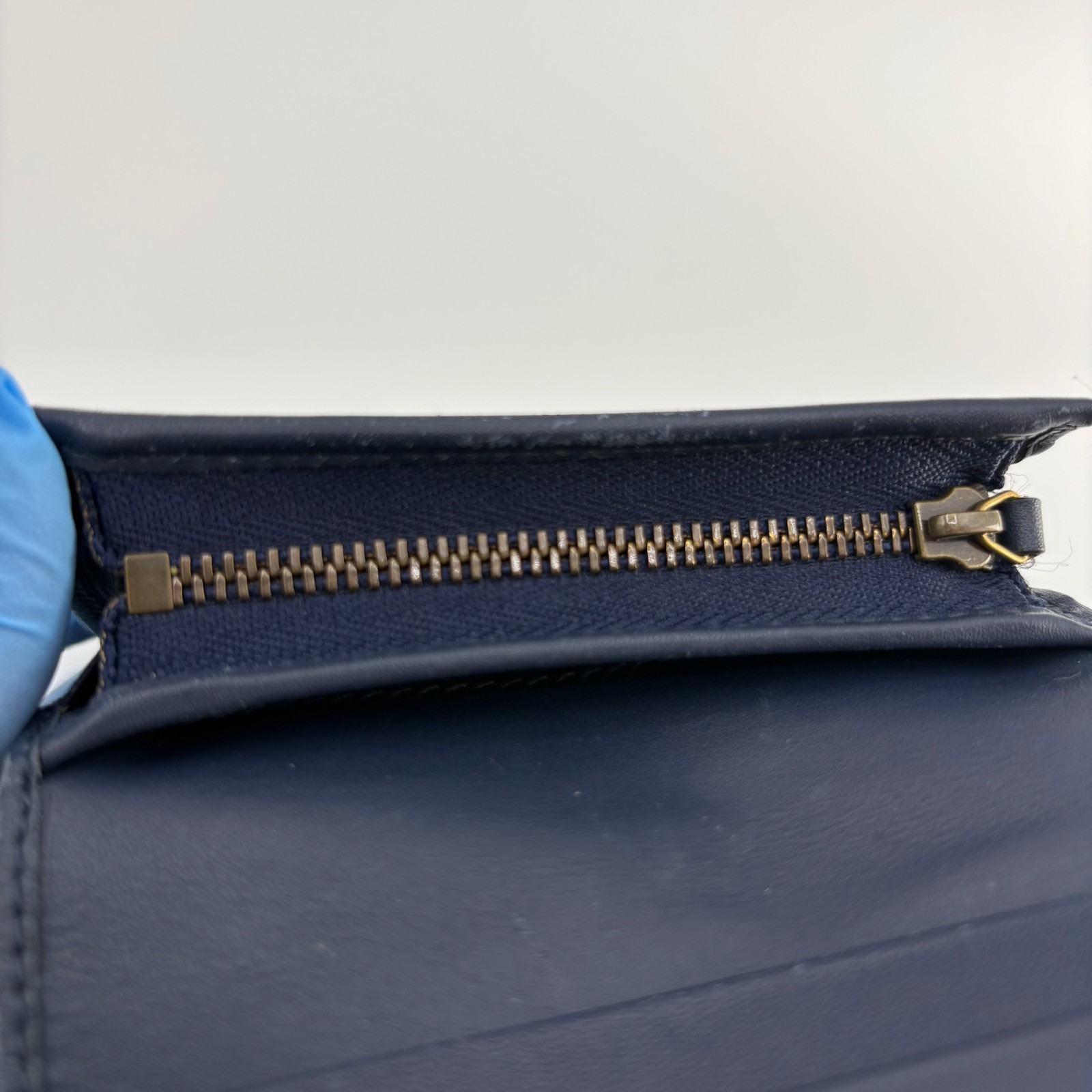 Gucci GG Marmont Wallet Denim Pearl Studs Compact Trifold Blue Leather Auth
