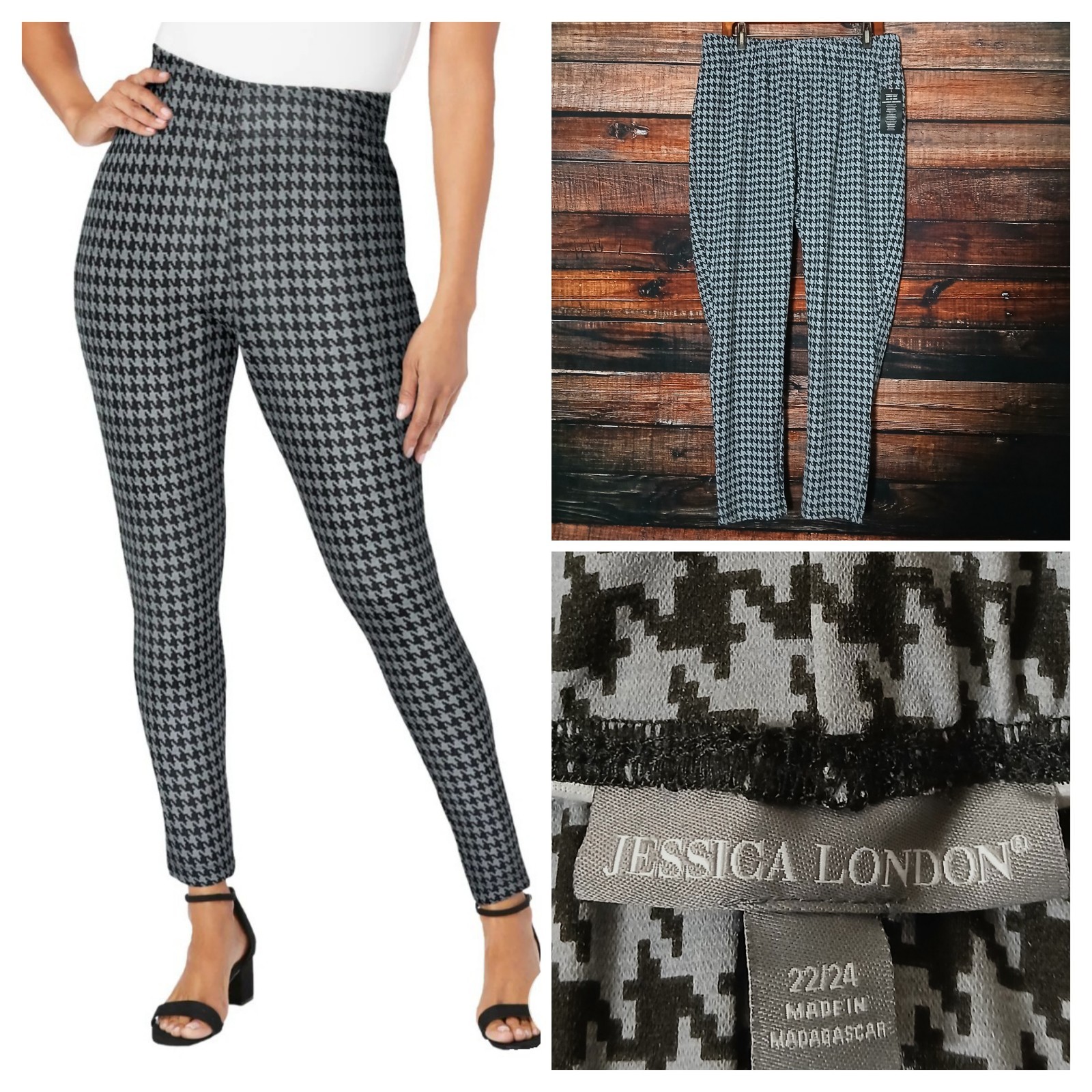 Jessica London Pants Plus Size 22 24 Gunmetal Houndstooth Ponte Leggings NWT