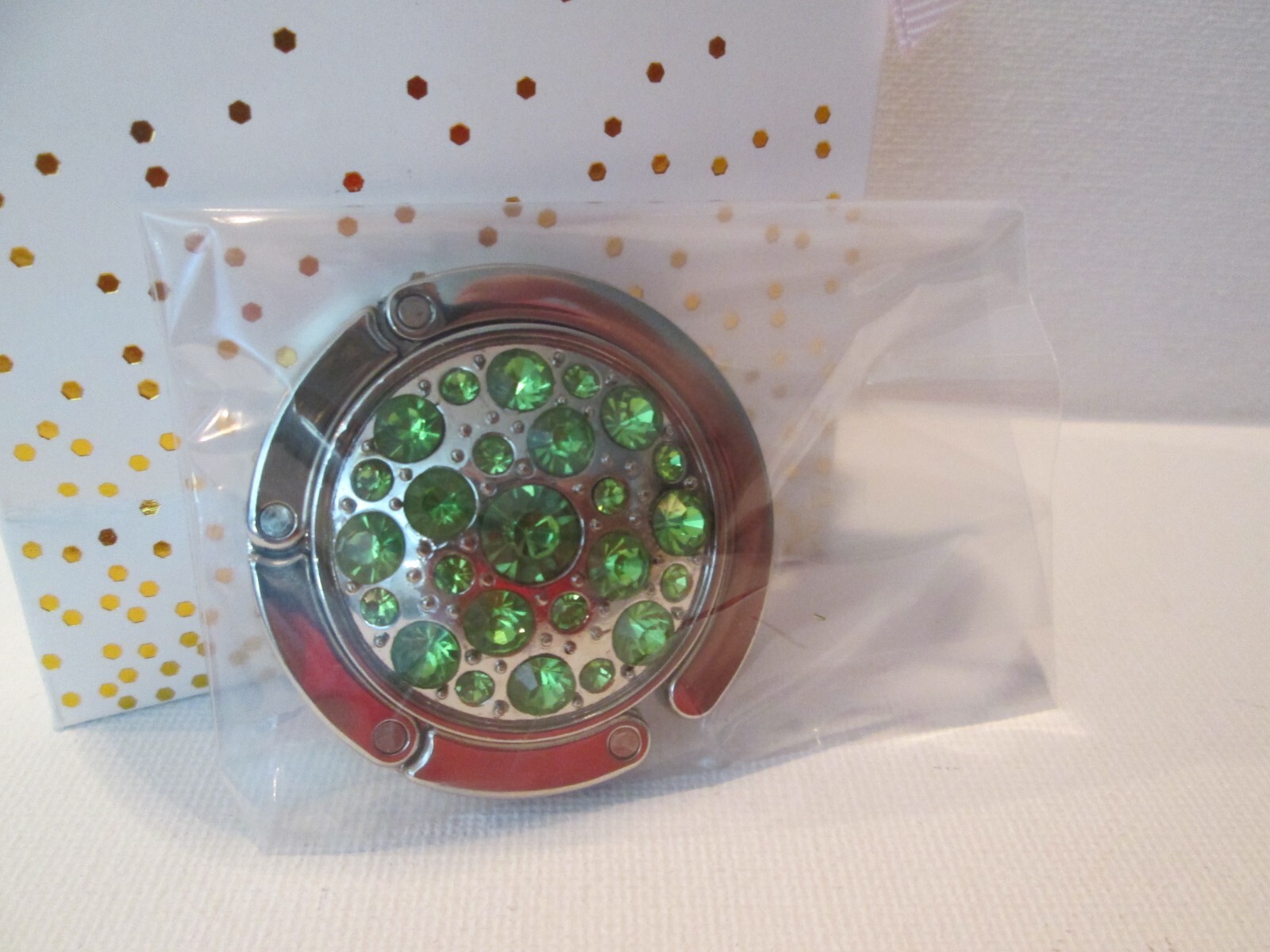 Green Rhinestone Magnetic Foldable Heart Purse Holder Hook Hanger w/gift bag