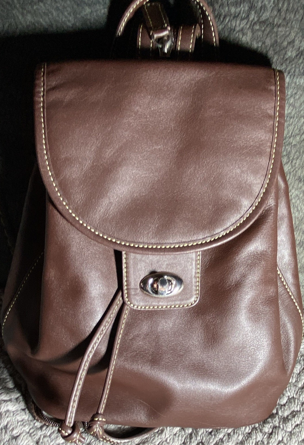 Preston & York Brown Drawstring Backpack, Turn Lock, Lined Inner Pockets