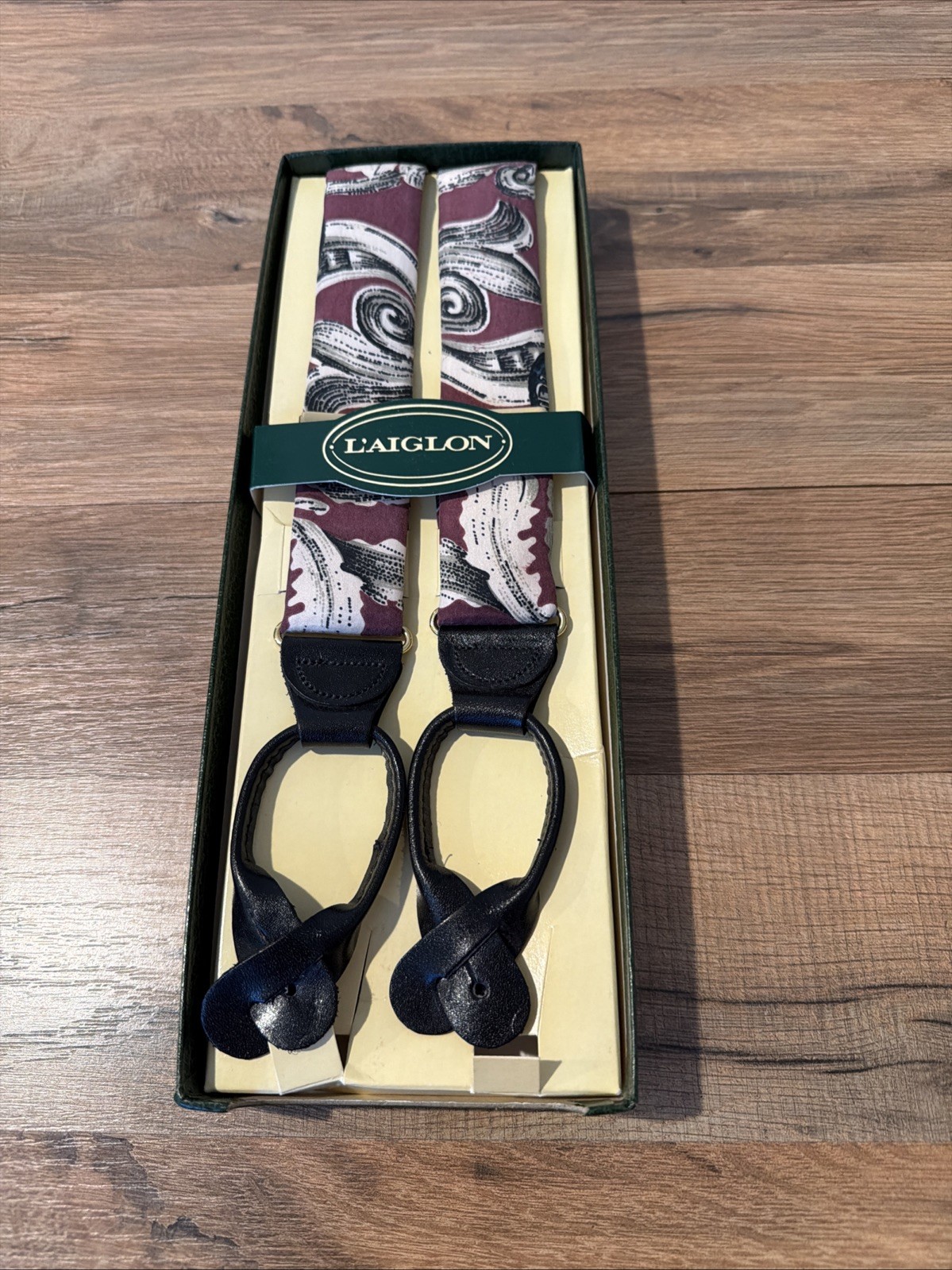 L’Aiglon Silk Leather Suspenders Purple Gray Black New In Box