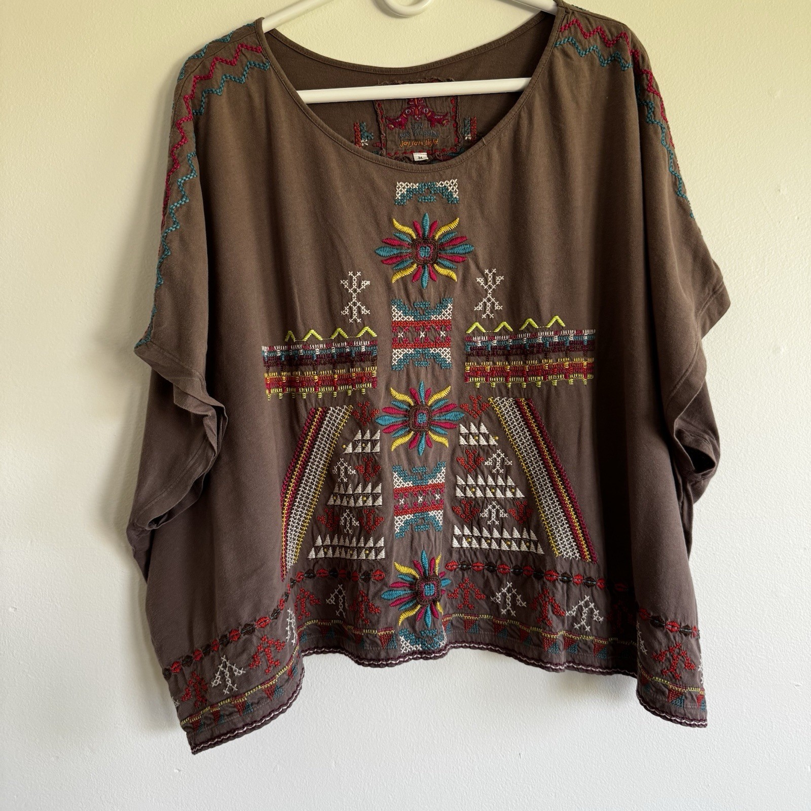 Johnny Was Embroidered Shirt Size M Oversized Cropped Taupe Short Sleeve