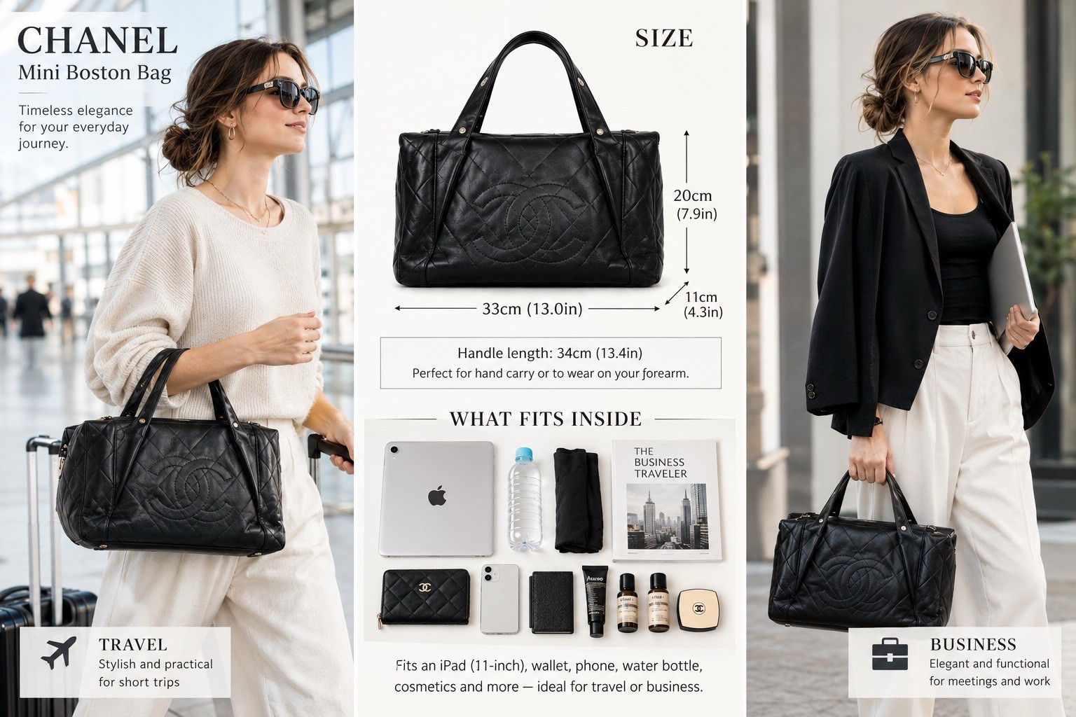 CHANEL CC Logo Quilted Leather Boston Bag Black Vintage Top Handle handbag