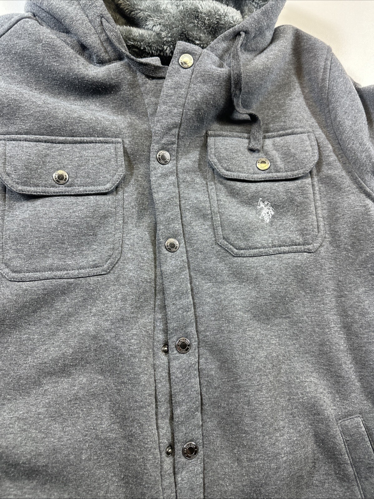 US Polo Assn Men’s L Gray Snap Button Sharpa Lined Hooded Sweatshirt