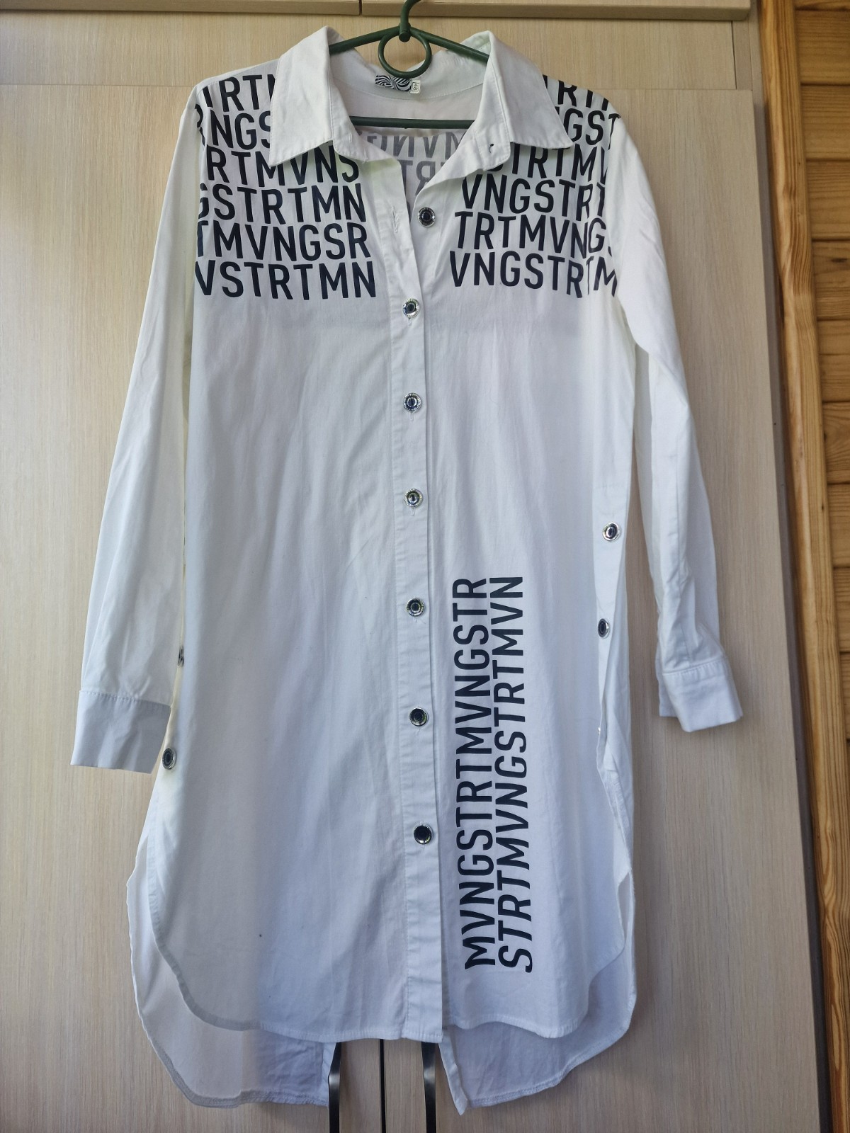women’s shirt,size 48,white,long,with buttons,long sleeves,buttons on the side