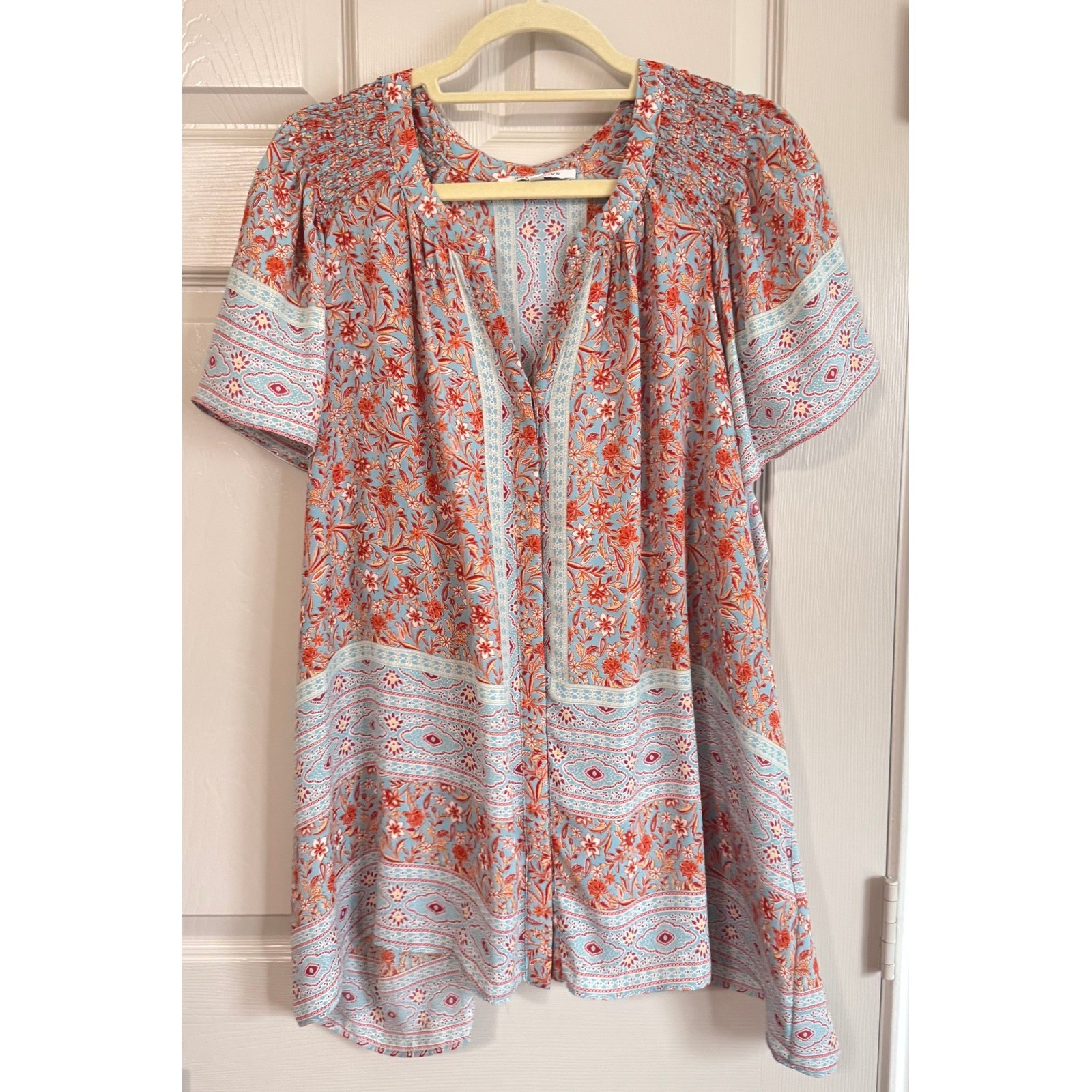 Rose + Olive Top Women 3X Blue Orange Floral Smocked Boho Short Sleeve V-Neck