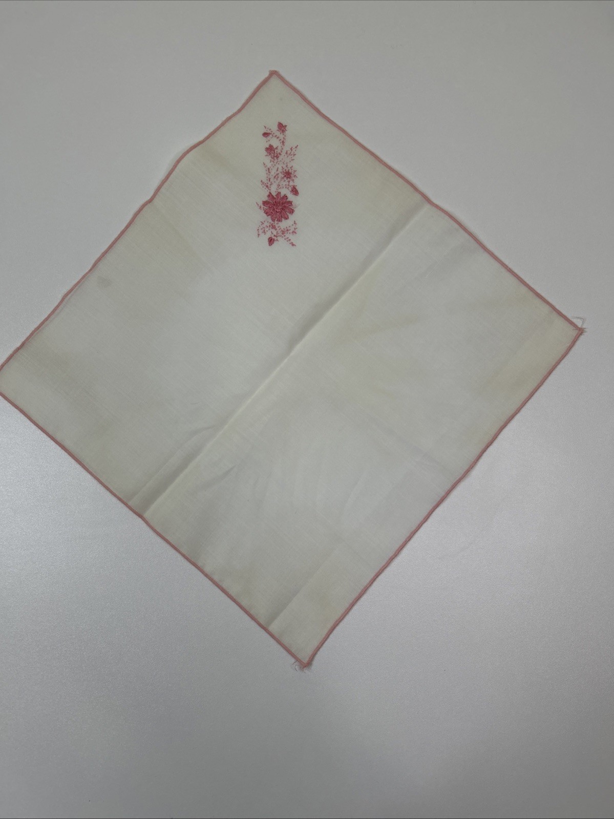 VINTAGE 10.25” PINK DETAILS AND WHITE LADIES’ HANKIE/HANDKERCIHEF WITH A FLOWERS