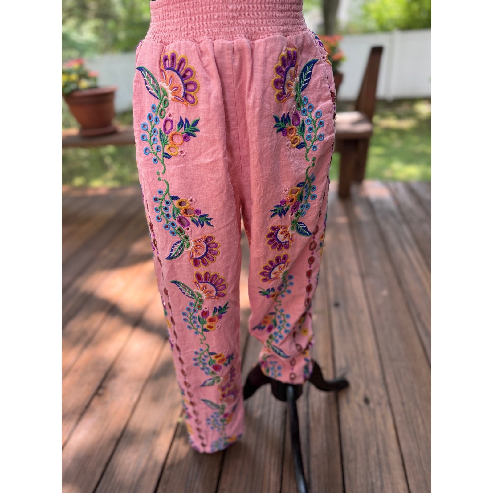 Farm Rio Pink Linen Embroidered Eyelet Smocked Waist Tapered Pants Womens